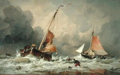 Nederlandse pincken arriveren en maken zich klaar om uit te varen bij terugkeer van het tij
