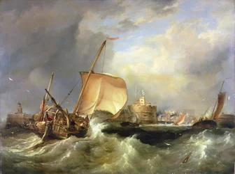 Franse haringboot vaart de haven van Havre de Grace binnen