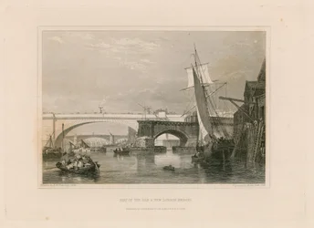 Deel van de oude en nieuwe Londense Bruggen. Getekend 1832