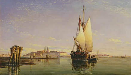 De Euganeïsche Heuvels en de Laguna van Venetië - Trabaccola Wachtend op het Getij, Zonsondergang, 1853