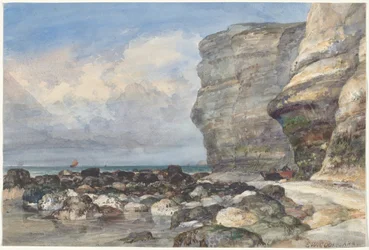 Het rotsachtige strand en de kliffen bij Fécamp