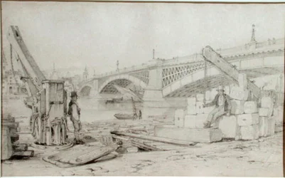 Uitzicht op Southwark Bridge en de rivier de Theems vanaf Bankside, met twee derricks op de voorgrond