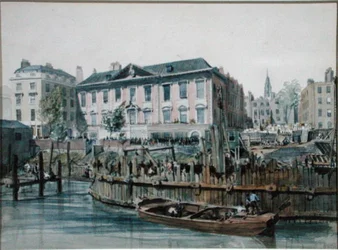 Uitzicht op een Houten Kofferdam die Heipalen en Hefwerktuigen voor London Bridge Omvat