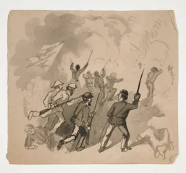 Burgeroorlog gevechtsscène (recto); Niet-geïdentificeerde illustratie van man in een bos (verso)