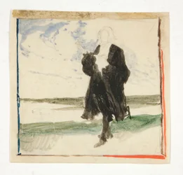 Man met mantel in landschap - niet-geïdentificeerde illustratie