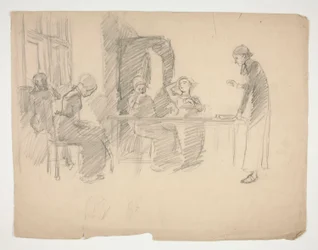 Vroege studie voor Stony Ground 1884, interieur met figuren