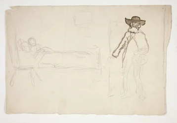 Figuur in bed, man die kamer binnenkomt - niet-geïdentificeerde illustratie