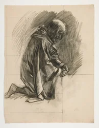 Figurenstudie voor Sir Lancelot en Sir Bors die Galahad uitrusten met zijn sporen, uit De zoektocht naar de Heilige Graal