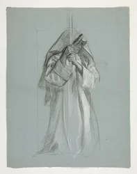 Figurenstudie voor Sir Lancelot en Sir Bors die Galahad uitrusten met zijn sporen, uit De zoektocht naar de Heilige Graal (tweede van een serie van vijftien schilderijen voor de Boston Public Library, voltooid in 1901)