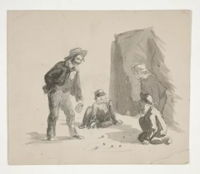 Vier jongens die knikkeren (recto); Onbekende illustratie van jongen bij ezel in interieur (verso)