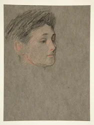 Hoofd van vrouw, zwart haar, voor kroning van Edw. VII
