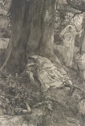 Hermia in het bos, illustratie voor Act III, Scene ii, Een Midzomernachtsdroom