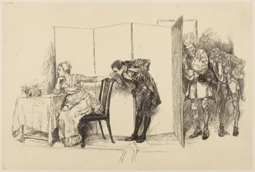Illustratie voor Goldsmiths She Stoops to Conquer: „Hier, achter dit kamerscherm“