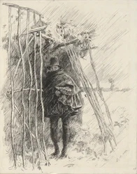 Man in de regen, studie voor illustratie