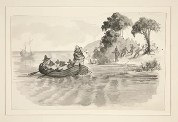 Mannen in roeiboot vluchten voor indianen aan de kust - niet-geïdentificeerde illustratie (Columbus ontdekt de Nieuwe Wereld?) - ontdekkingsreizigers landen in de Nieuwe Wereld