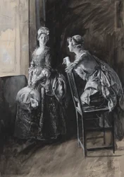 Miss Neville en Miss Hardcastle, illustratie voor Oliver Goldsmith