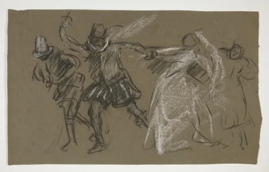 Petruchio trekt Katharina, uit Taming of the Shrew (recto); Schets van zittende figuur (verso)