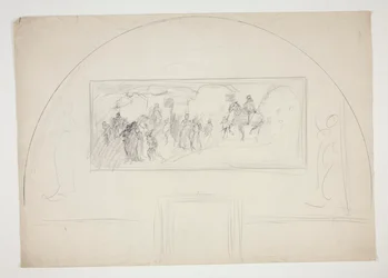 Plan voor de installatie van een van de muurschilderingen van De zoektocht naar de Heilige Graal in de Boston Public Library
