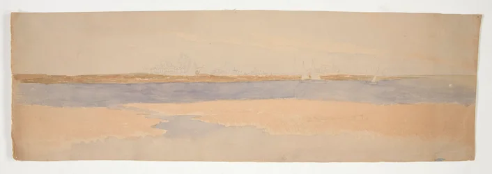 Rivierlandschap met stad aan de verre oever