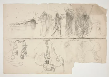Blad met schetsen voor The Quest of the Holy Grail muurreeks in de Boston Public Library (recto); Ongeïdentificeerde schets (verso)