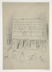 Schets van Continental Iron Works(?) [industriële binnenkant]