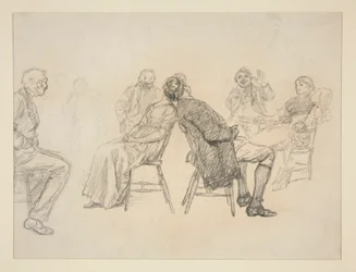 Schets van een stel dat een spel speelt, omringd door toeschouwers, in een interieur (?) - niet-geïdentificeerde illustratie
