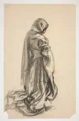 Schets van een knielende vrouwelijke figuur in roze jurk voor Galahad de Bevrijder, een van de Heilige Graal muurschilderingen in de Boston Public Library