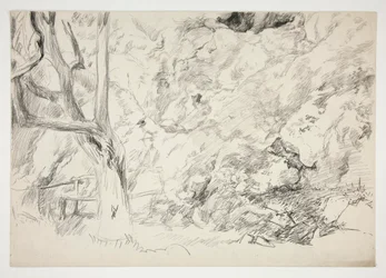 Schets van een landschap met boom, hek en vrouwelijke figuur