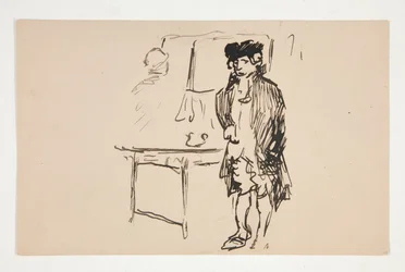 Schets van een man in revolutionaire kleding naast een tafel