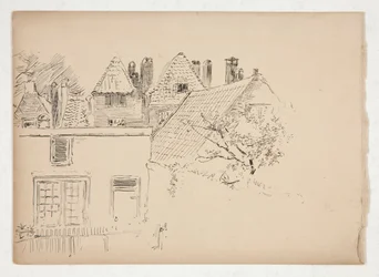 Schets van een exterieur: gebouwen en boom
