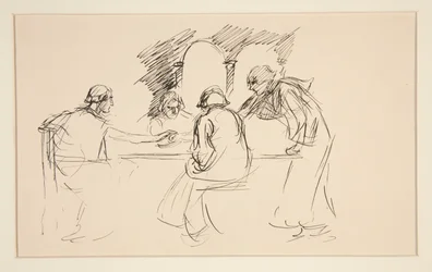 Schets van vier mannen in middeleeuwse kleding aan een tafel - niet-geïdentificeerde illustratie, mogelijk voor