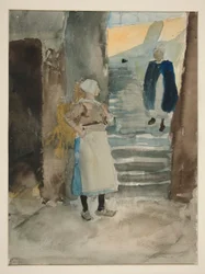 Straatscène met twee visvrouwen - niet-geïdentificeerde illustratie
