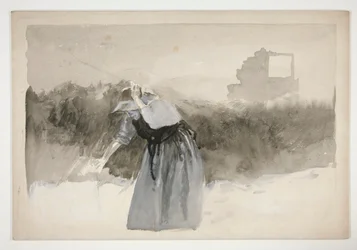 Studie van een vrouw met kapje, voorovergebogen - (ongeïdentificeerde illustratie)