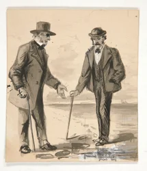 Twee mannen in gesprek aan de kust - niet-geïdentificeerde illustratie