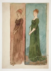 Twee schetsen van een vrouw (gekleed in rood, in groen) - kostuumstudies voor een toneelstuk?