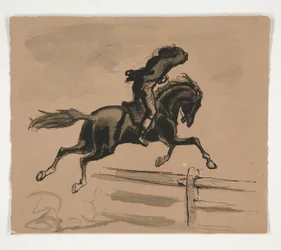 Ongeïdentificeerde illustratie van een ruiter die over een hek springt (recto); Figurenstudie van een oude man (verso)