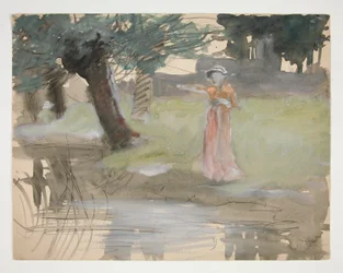 Vrouw staand bij een rivier - niet-geïdentificeerde illustratie