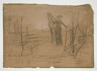 Vrouw met paard in landschap - niet-geïdentificeerde illustratie