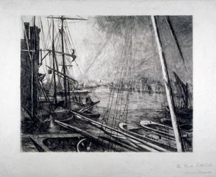 Pool van Londen vanuit Rotherhithe, met schepen op de voorgrond, ca. 1890