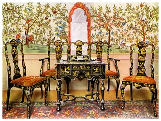 Zwarte lak bank, stoelen en tafel en rode lak spiegel, 1910