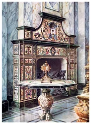 Schouw en tafel in gekleurde Florentijnse mozaïek, 1910