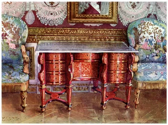 Schrijftafel met kniekuil en vergulde fauteuils, 1910