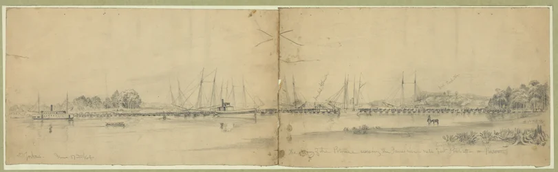 Het leger van de Potomac steekt de James rivier over nabij Fort Powhattan op pontons