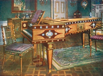 Laat 18e-eeuws Decoratief Meubilair. Satijnhout en Mahonie Ingelegd Pianoforte, met Wedgwood Plaques, Ormolu Mounts, Paneel en Sterren, Aangeboden door Manuel Godoy aan de Koningin van Spanje in 1796.