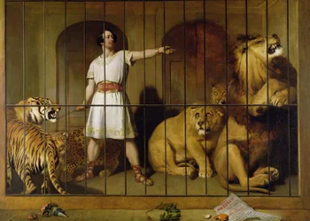 Portret van de heer Van Amburgh zoals hij met zijn dieren verscheen in het Londense theater, 1847