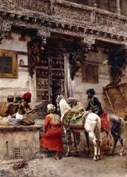 Ambachtsman die doosjes verkoopt bij een gebouw van teakhout, Ahmedabad, ca. 1885