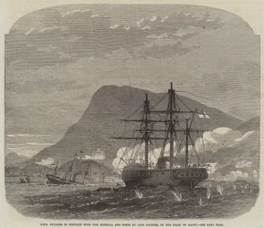 HMS Bulldog in conflict met de vloot en forten bij Cape Haytien, aan de kust van Haïti