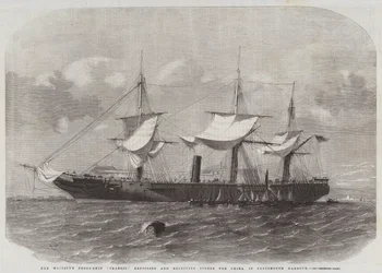 Het Troepenschip Transit van Hare Majesteit, herstellend en voorraden ontvangend voor China in de haven van Portsmouth