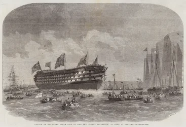 Lancering van HM schroefstoomschip van oorlog de Royal Sovereign, 131 kanonnen, in Portsmouth