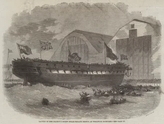 Lancering van Hare Majesteits schroefstoomfregat Bristol in de scheepswerf van Woolwich